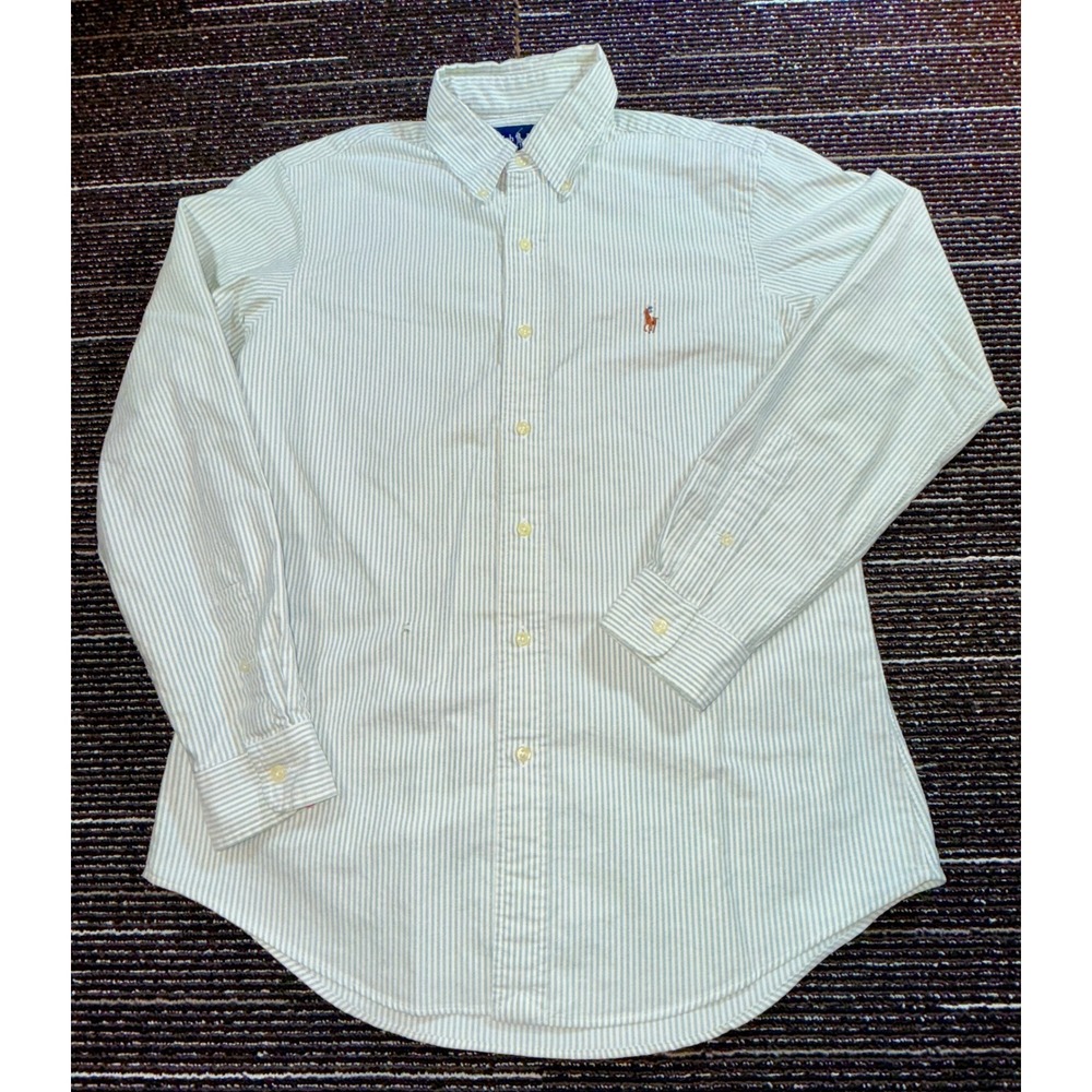Ralph Lauren Striped Button Down Men M Green White Custom Fit Long Sleeve